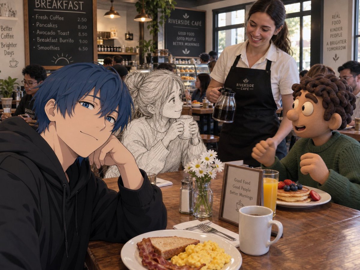 mona-lisa-1 multi-style AI image — anime sketch claymation and photoreal cafe scene