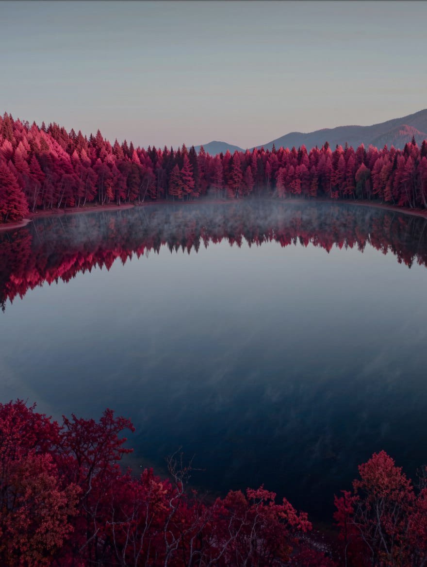 mona-lisa-1 photoreal AI landscape — crimson forest lake reflection