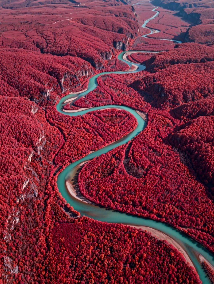 mona-lisa-1 AI image sample — aerial crimson forest road composition